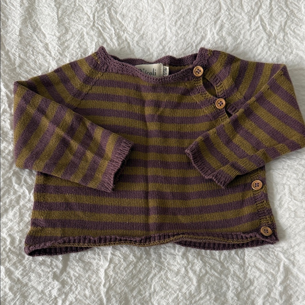 NICOLI Olive Green and Plum Striped Sweater